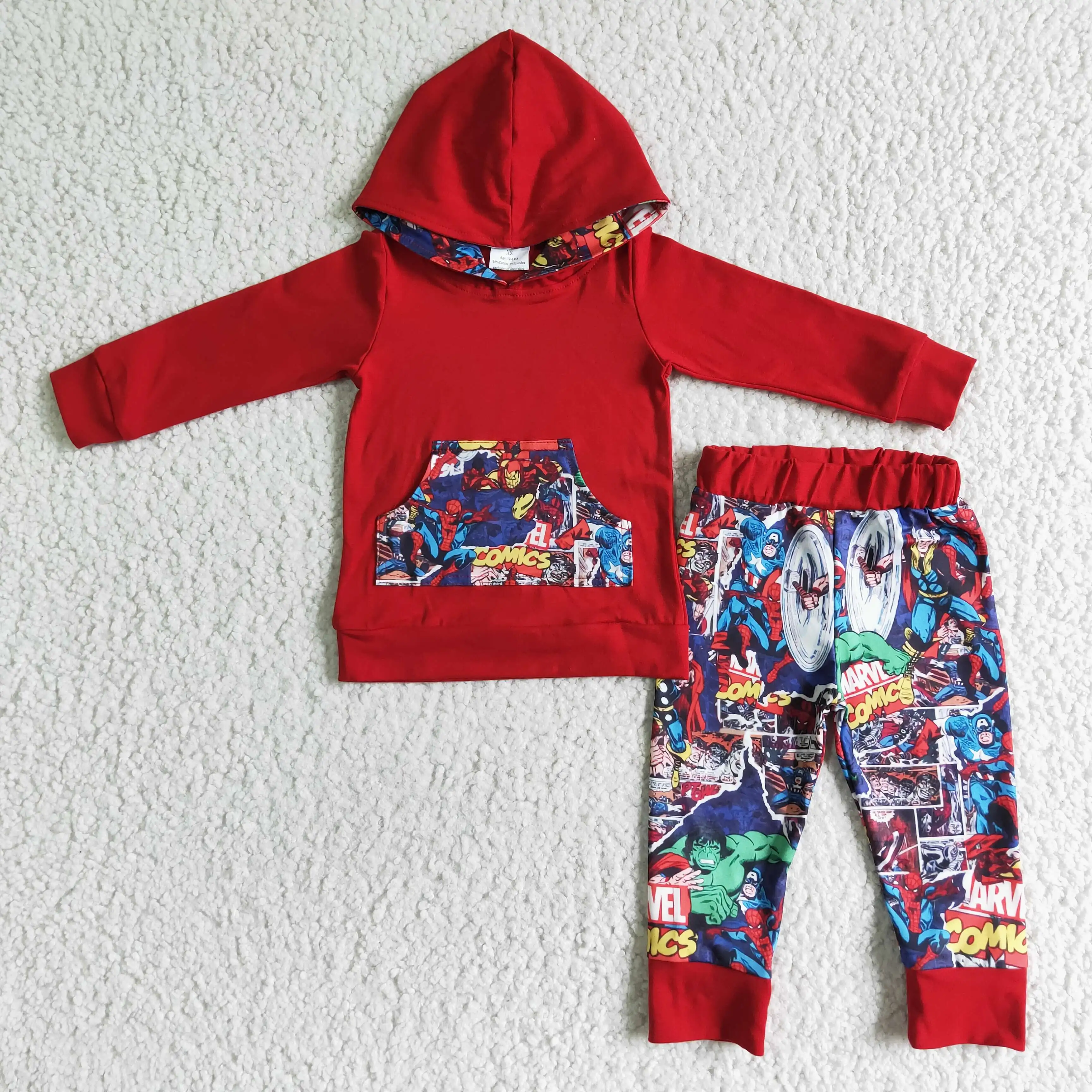 

RTS Boutique Boys Outfits Cartoon Design Pocket Red Long Sleeve Hoodies Patchwork Pants Children Boys Fall Clothes Wholesale