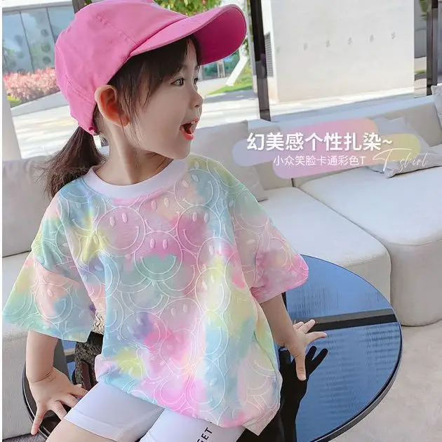Casual Summer Smiley Cherry Rainbow Bunny Princess Girls T-Shirt Cotton Tops Short Sleeve T-shirt Children's Cotton Kids Clothes