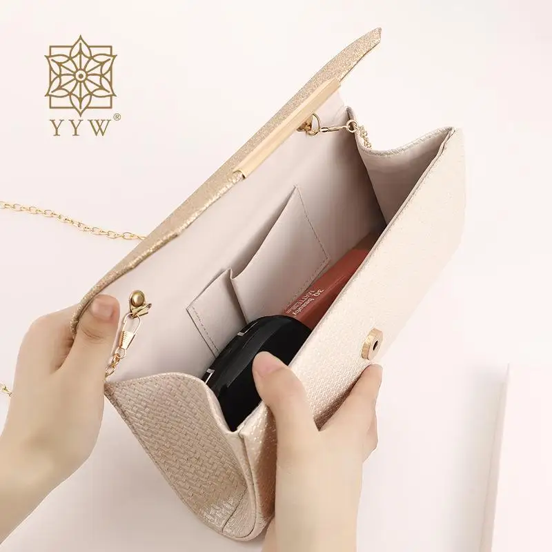 Khaki Woven Envelope Women'S Clutch Bag Glitter Bridal Elegant Handbags For Wedding Party Chain Evening Bags Shoulder Clutch