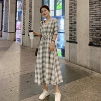 summer casual short sleeve plaid shirt dress ladies v neck buttons lace up maxi dresses for women high waist slim pleated dress