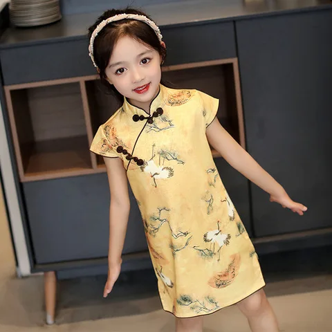 Детская одежда; Летнее китайское платье-Чонсам с национальным принтом для маленьких девочек; Детское платье Тан