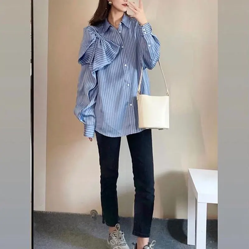 Женская однобортная рубашка в полоску свободная блузка с большим бантом и