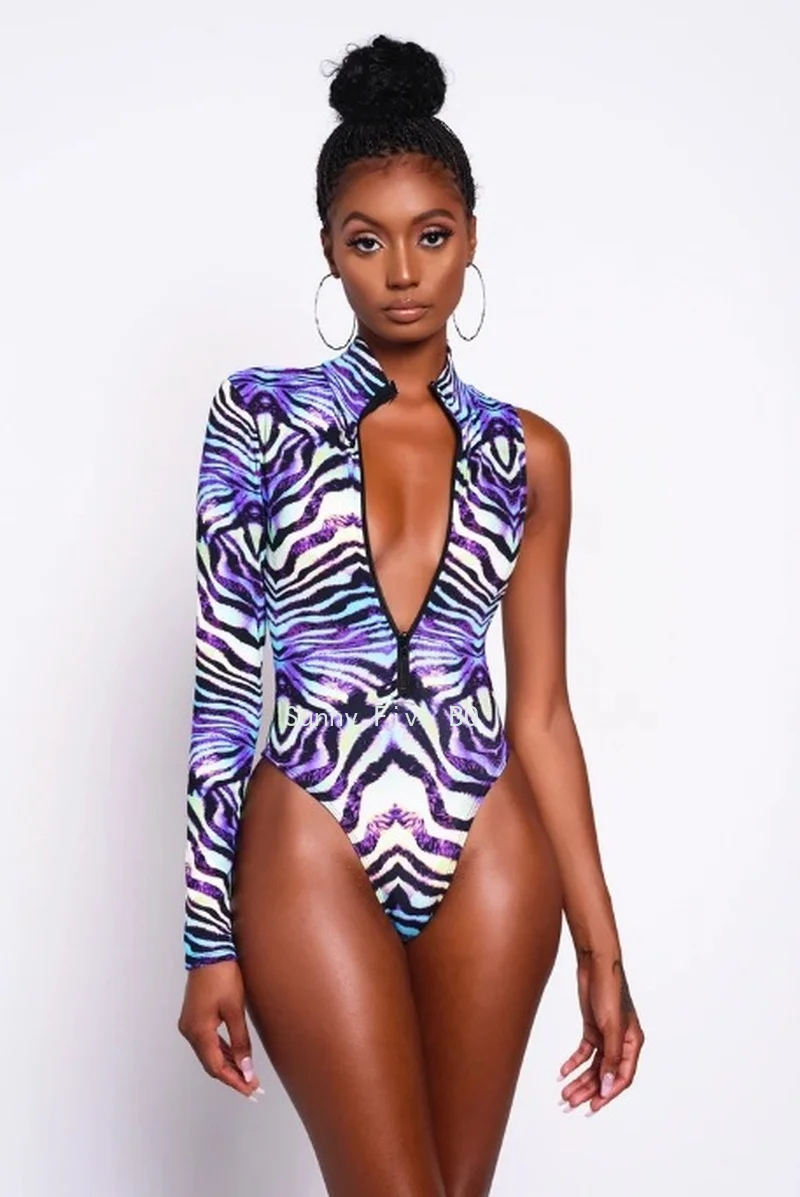 (BQ)2022 New Swimsuit Leopard-Print 1-Piece SwimmingLong Sleeve Surfing Suit Shoulder sexy swimwear women