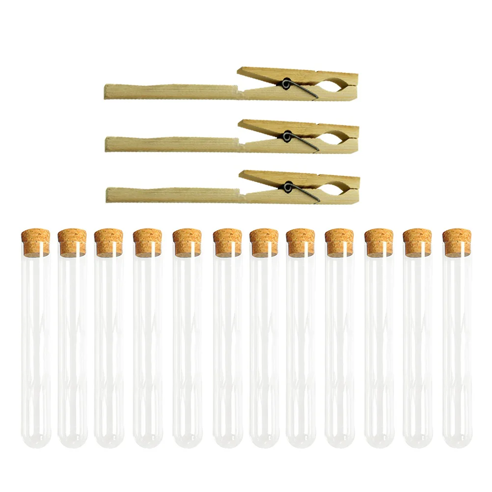 

15pcs 15*100mm Hard Plastic Test Tube Cork Release Tube Sealed Tube Pin Tubes with Wooden Plugs and 3 Clips