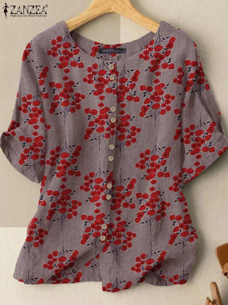 

Women Summer Blouses Elegant Printed Tops ZANZEA 2022 Short Sleeve Shirts Female Casual O Neck Floral Tunic Chemise Oversized