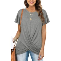2022 womens t shirt round neck solid color mid length loose casual kink short sleeved female fashion all match pullover tops