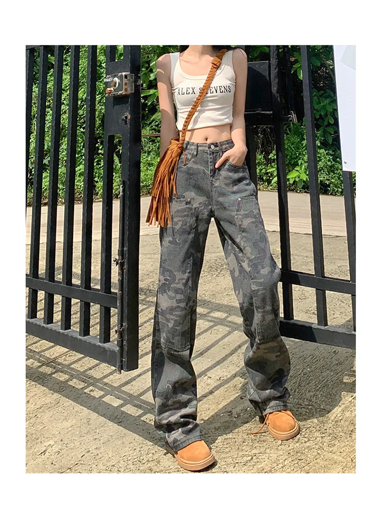Woman American Jeans Hot Girl Vintage Hiphop Camouflage Overalls Girl Summer Hip Hop Loose Straight Pants Female Trousers