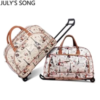 JULY'S SONG Women Travel Bag Trolley Suitcase PU Leather Large Capacity Waterproof Print Luggage Duffle Bag Men Tote on Wheels