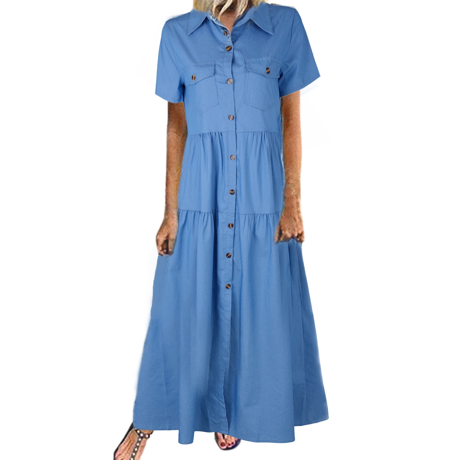 

Denim Maxi Dress Boho Style Ladies Blouses Long Dress Women Single Breasted Turn Down Collar Short Sleeve Vacation Outfit