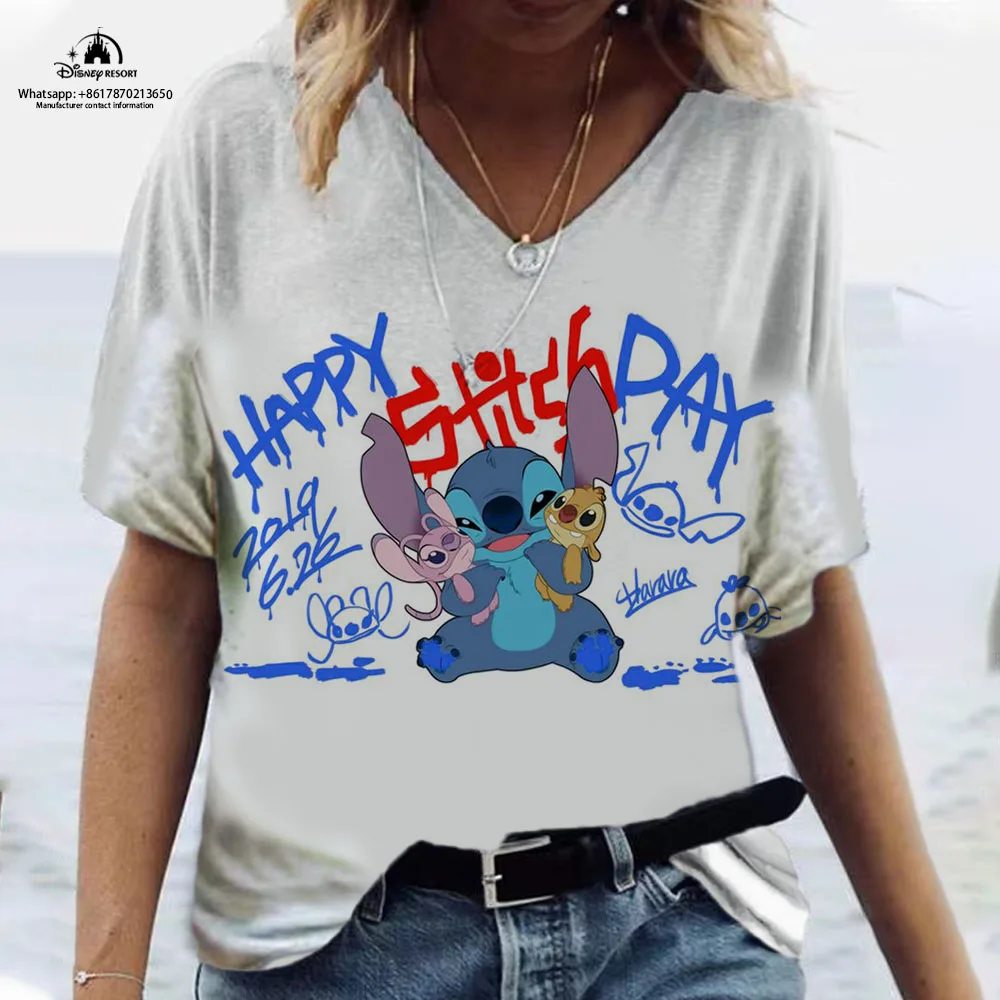 

2023 New Summer Ladies T-Shirt Disney Brand Stitch Cartoon Harajuku Sexy Women's Fashion Casual V-Neck Short Sleeve Top T-Shirt