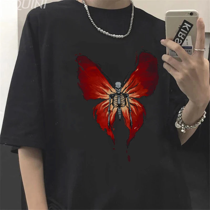 

Fire Butterfly Skeleton T Shirt Punk Oversize Graphic Print Short Sleeve Gothic Tees Unisex Hip Hop100% Cotton Summer Streetwear