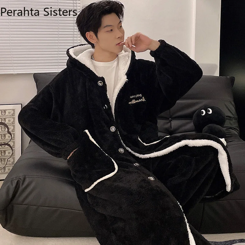 

Robe Newest Autumn Winter Sets for Men Solid Color Hooded Flannel Bathrobe Pants Suit Man Warm Pyjamas Homewear Clothes