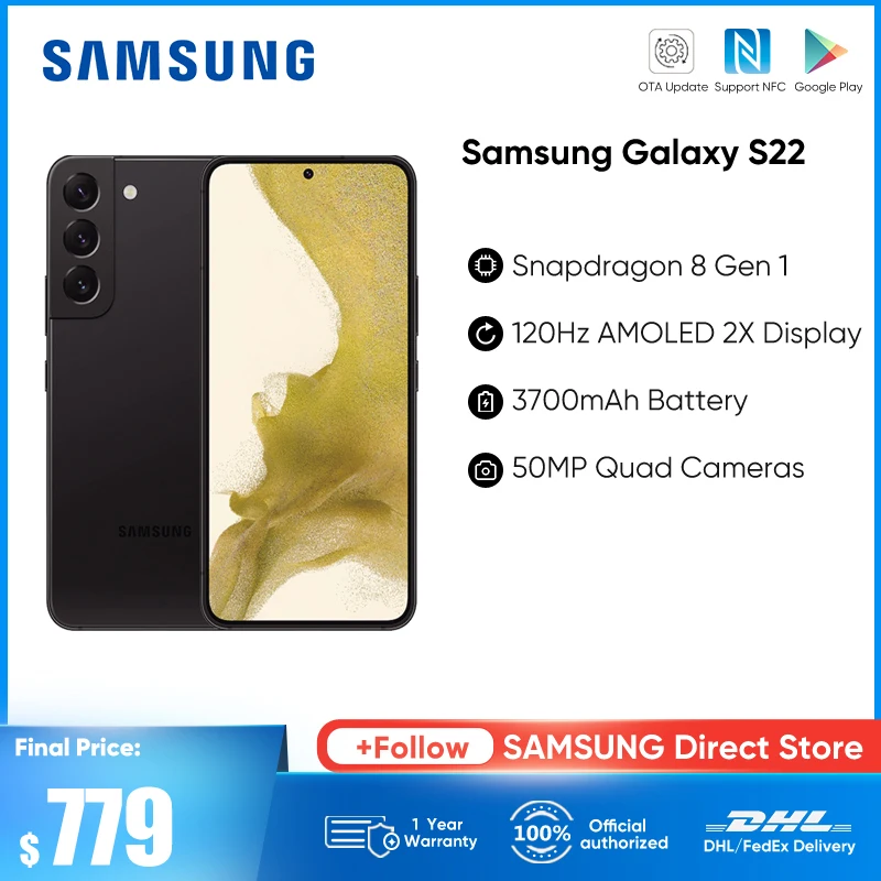 Samsung Galaxy S22 5G Smartphone Qualcomm SM8450 Snapdragon 8 Gen 1 Android 12 120Hz AMOLED 2X Display 25W Fast Charge Cellphone