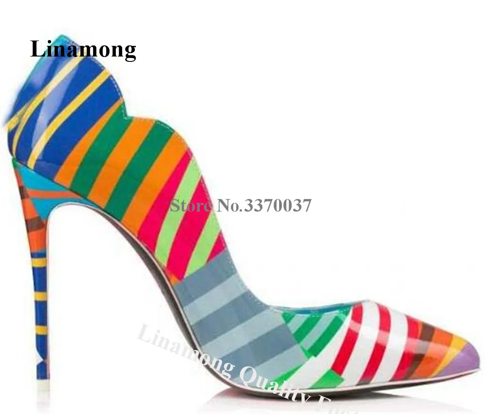 

Newest Colorful Stripes Pumps Linamong Sexy Pointed Toe Mixed-colors Stiletto Heel 8cm 10cm 12cm Slip-on High Heels Party Shoes