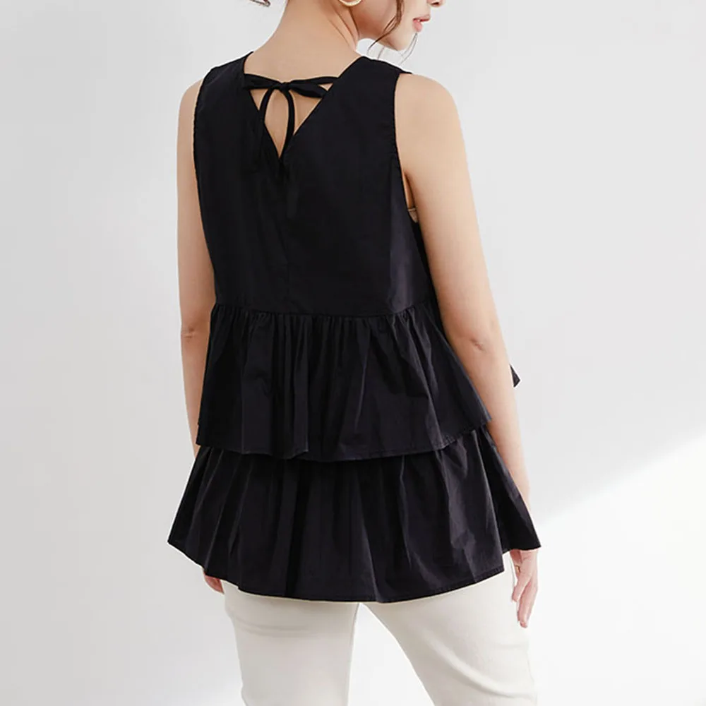 

Женская блузка Весна-лето 2022, черные топы на шнуровке, с круглым вырезом, без рукавов, симпатичные стильные женские повседневные рубашки