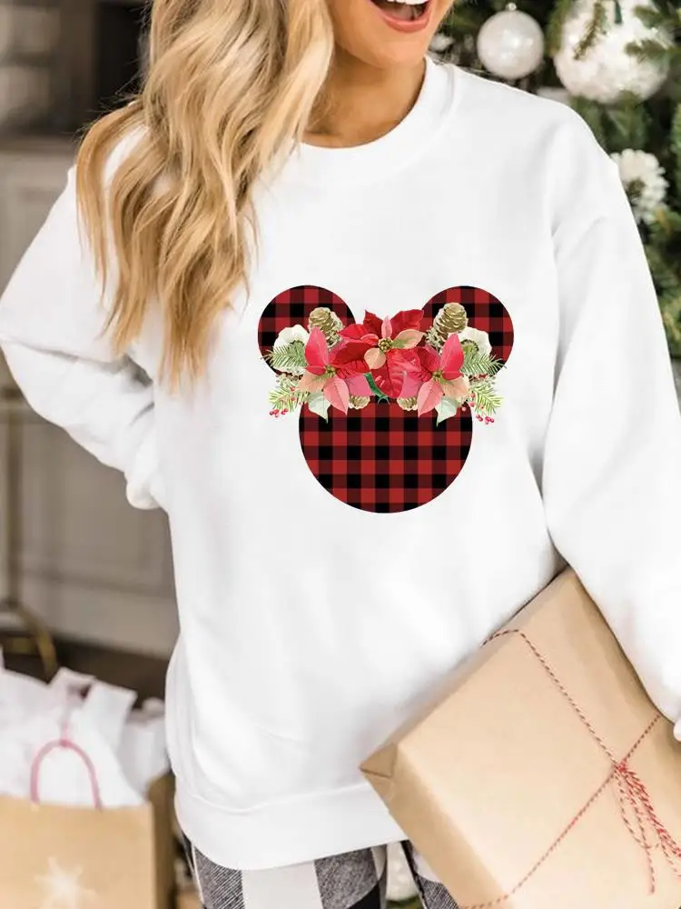 

Модная одежда с надписью "Merry Christmas" на новый год, Женские клетчатые женские пуловеры с ушками и цветами, праздничные свитшоты с графическим р...