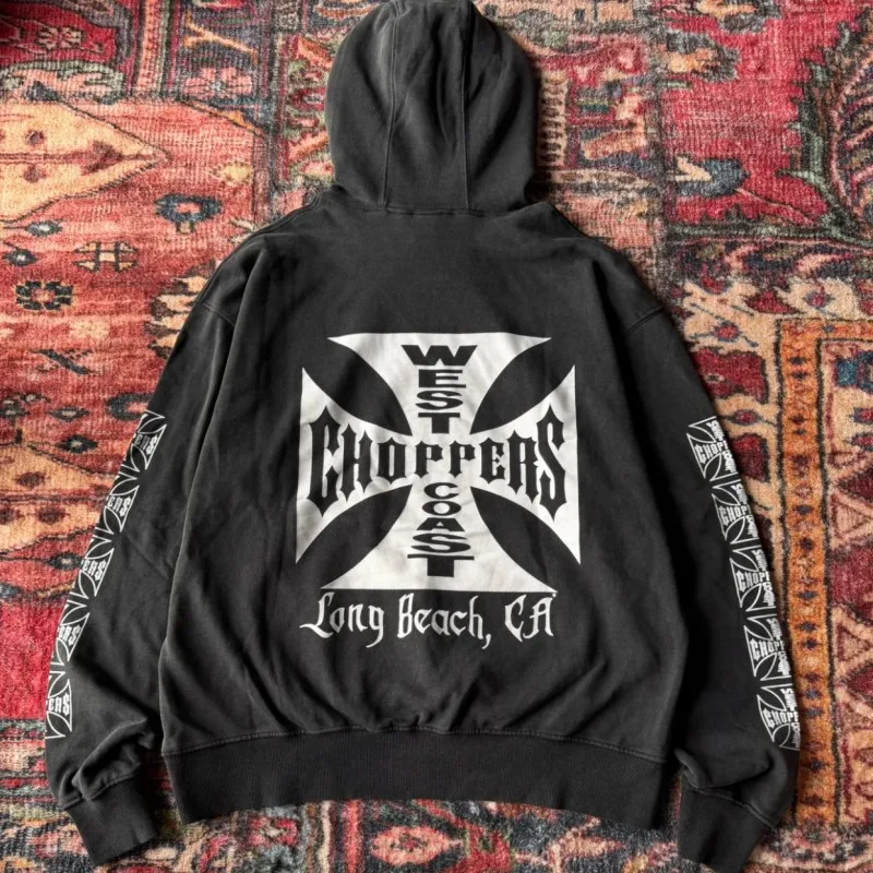 Фото Худи с принтом белого креста и логотипом West Coast Choppers, винтажные, с эффектом потертости, оверсайз, унисекс, уличная одежда. №2