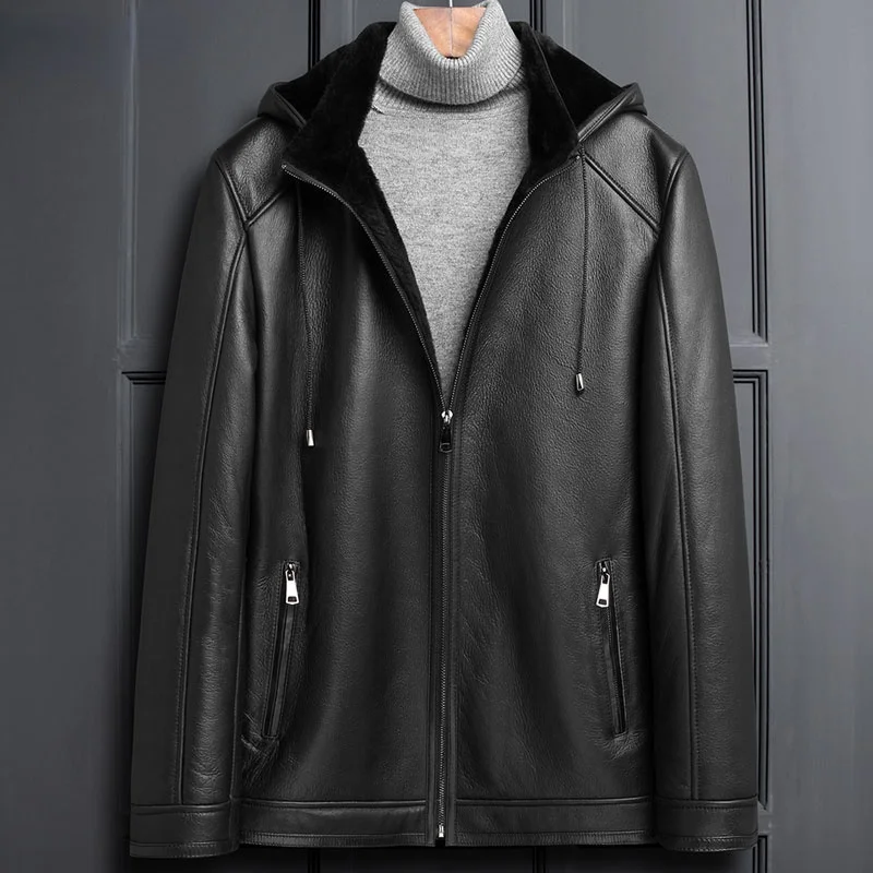 

Natural Fur Male 2023 Winter Black Hooded Sheepskin Leather Jackets Sheep Shearing Liner Coat Abrigo Hombre Gmm394