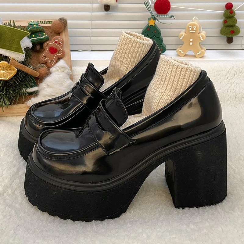 

Y2K Korean Women Gothic Black High Heels Mary Jane Shoe Aesthetic Kawaii Lolita Platform Round Toe Chunky Loafers Pumps Shoes