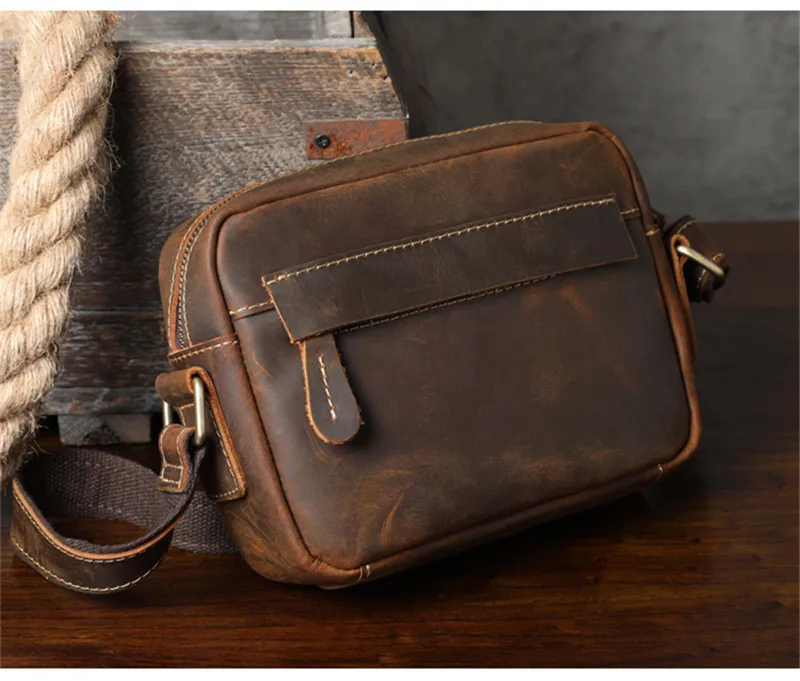 Vintage genuine leather men's small crossbody bag outdoor casual simple high-quality luxury crazy horse cowhide shoulder bag