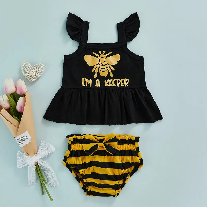 

Newborn Girl Fly Sleeve Tank Top + Briefs, Bee Letter Horizontal Stripe Print Bow Decoration Summer Clothing