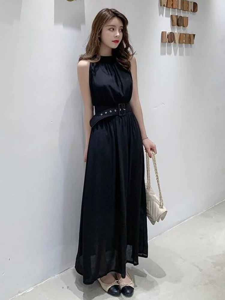 

Sexy Chiffon Dress Women Summer 2022 Halter Sleeveless Dresses Korean Chic Slim Waist Vestidos Maxi Beach Office Robe
