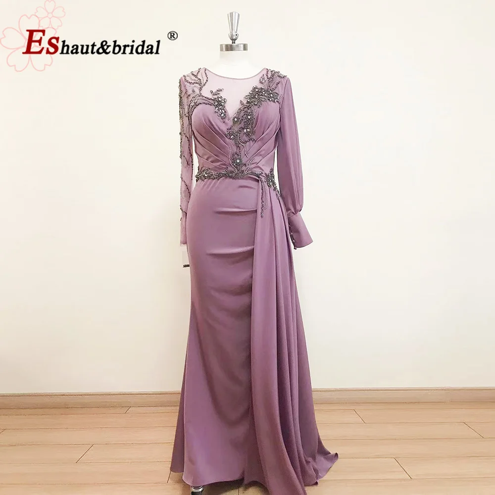 

Женское вечернее платье-Русалка с длинным рукавом, круглым вырезом и бусинами