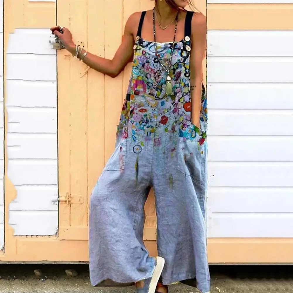 

Artistic Stylish Deep Crotch Full Length Summer Romper Big Pockets Women Romper Casual Female Clothing