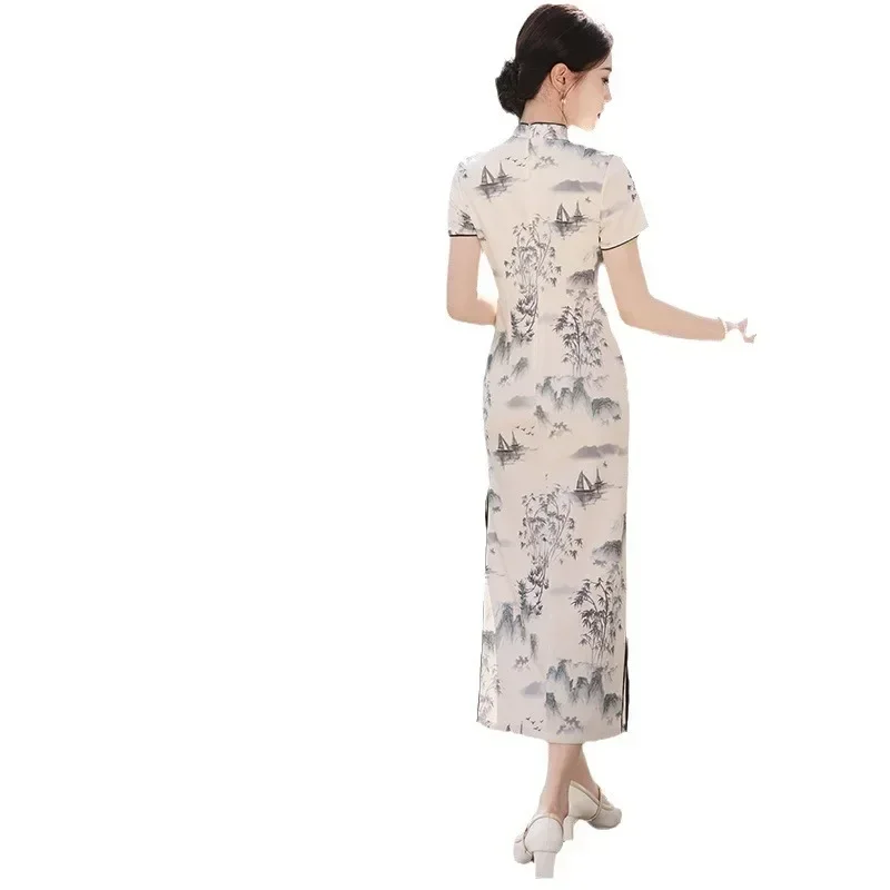 Длинное китайское Ципао с воротником-стойкой стильный новый дизайн короткими