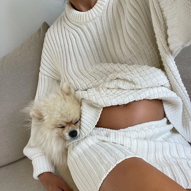 Женский винтажный комплект из 2 предметов свободный трикотажный свитер и шорты