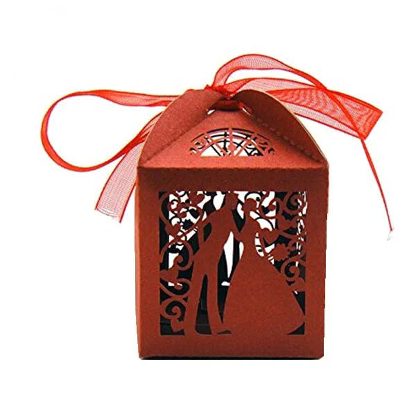 

25pcs Couple Design Luxury Lase Cut Wedding Sweets Candy Gift Favour Boxes with Ribbon Table Decorations (Red)