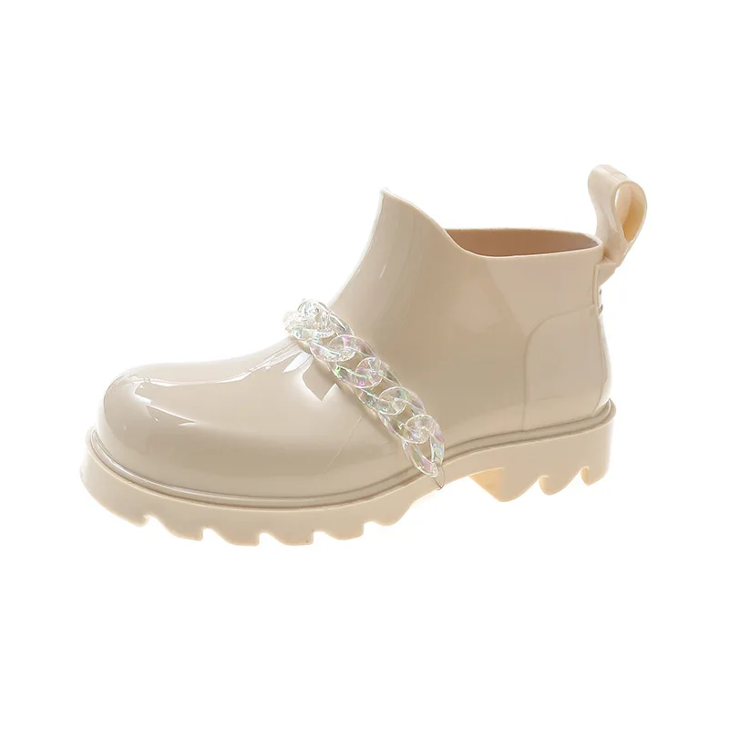 

Four Seasons Women Boots Plastic Thick Sole Round Toe Lace-up Street Style British Style Solid Chain Concise Ankle Women Shoes