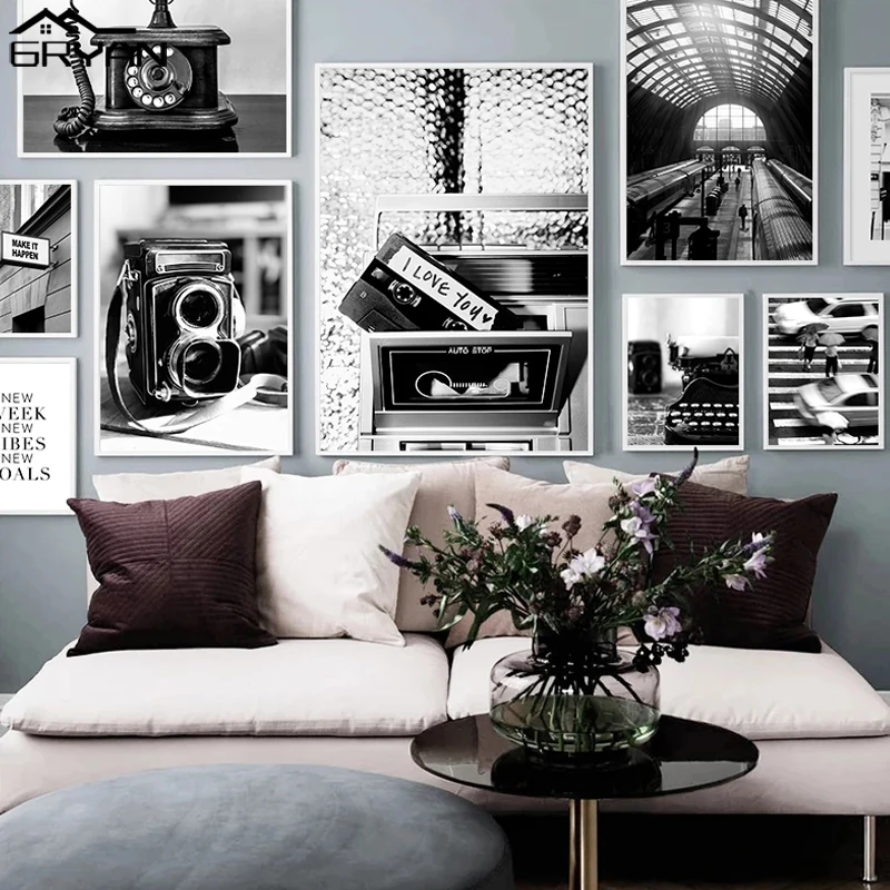 Черно-белая ретро-кассета пленка камера машинка для письма железнодорожная