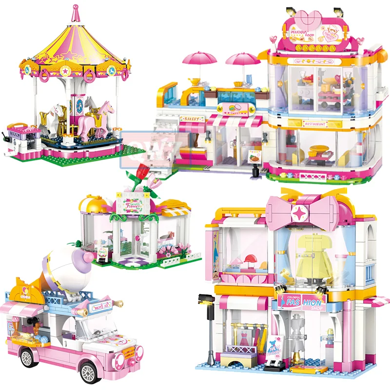 

Princess Castle Club Party Girl Friends Building Blocks Ice Cream Store Shop School Bus Hospital City Amusement Park Bricks Toys