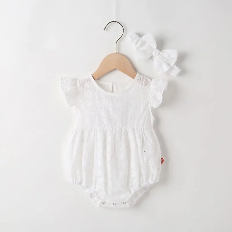 

2022 Summer Cotton Lace Breathable Flying Sleeve Baby One-piece+headband Baby Girls Rompers Birthday Princess Baby Clothes 0-18M