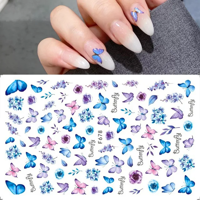 

VISIBLE 1 Sheet Blue Butterfly Sheet Nail Sticker White 3D Bronzing Flowers Sticker Nail Art Decorations Nail DIY Decorations