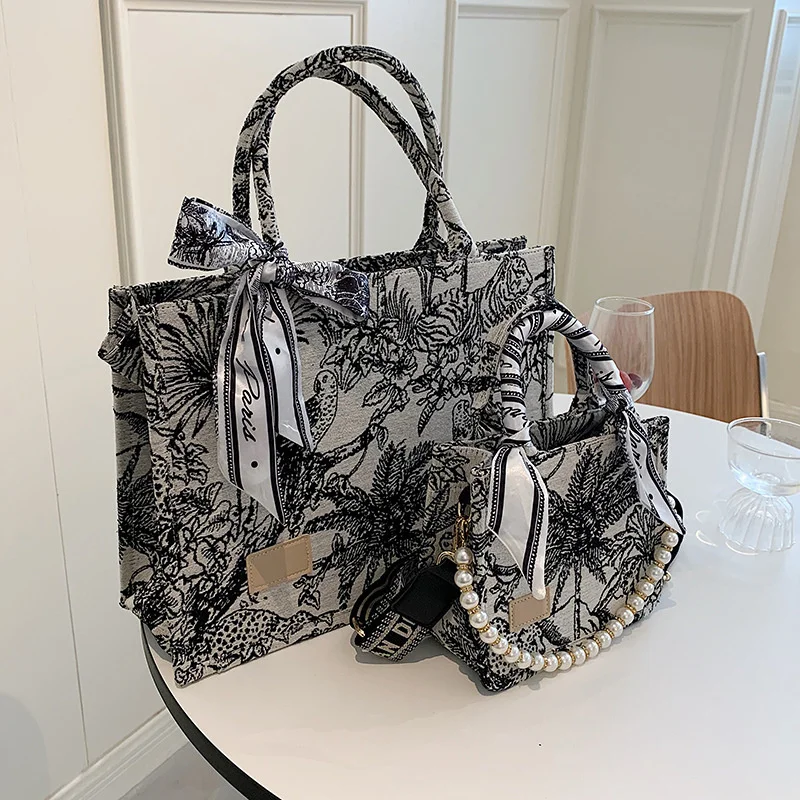 

2023 холщовая клетчатая сумка-тоут, женская сумка через плечо с жемчужной цепочкой, женская синяя вместительная сумка через плечо, ретро