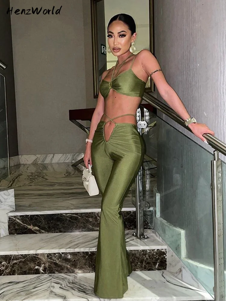 

HenzWorld Green Sexy Bandage Crop Top and Flare Pants 2 Piece Sets Summer Club Fashion Outfits Women's Sets Matching Sets