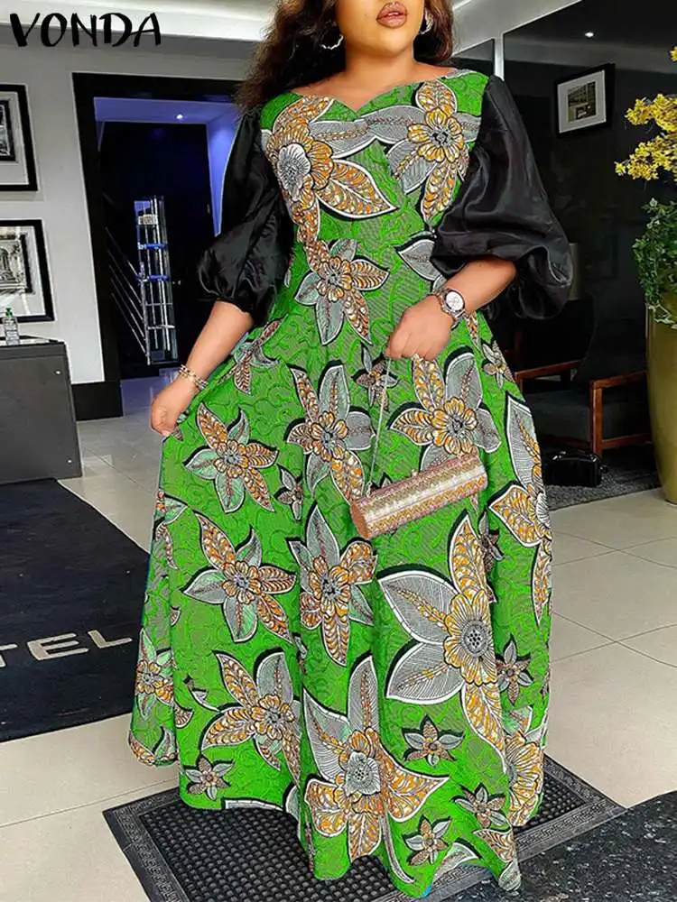 

2023 летнее Плиссированное длинное платье VONDA, богемный женский сарафан с рукавами-фонариками, сетчатый лоскутный цветочный принт, женское Платье Макси