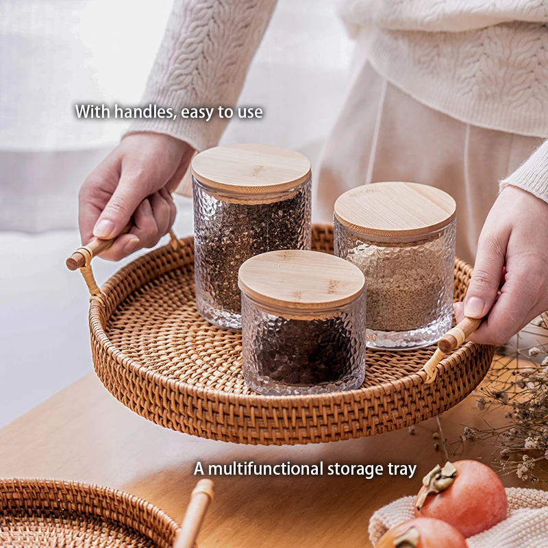 

Handwoven Tray Rattan Storage Tray With Wooden Handle Round Wicker Basket Bread Food Plate Fruit Cake Platter Dinner Food Tray
