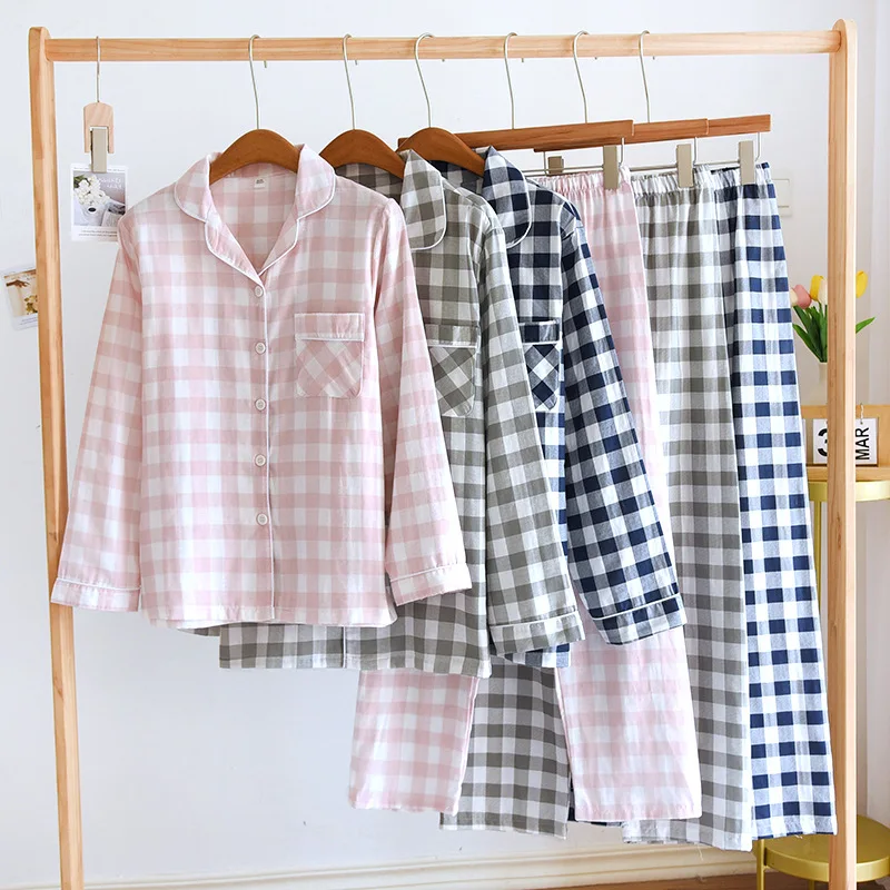 

Cotton Gauze Pajama Set for Couples Long Sleeve Plaid Pants Loungewear Loose Comfortable Thin Night Wears Women and Men 2 Piece