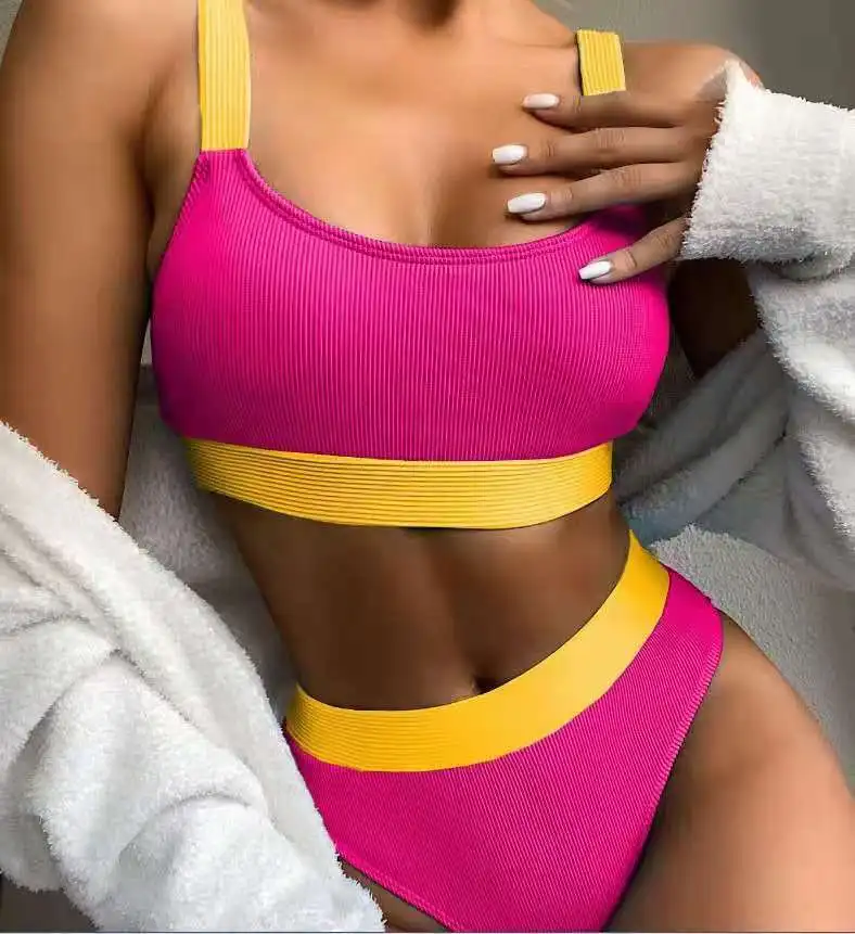 

Купальник-бикини женский составного кроя, комплект из 2 предметов, купальный костюм с завышенной талией, пляжная одежда, бразильский купальник в рубчик