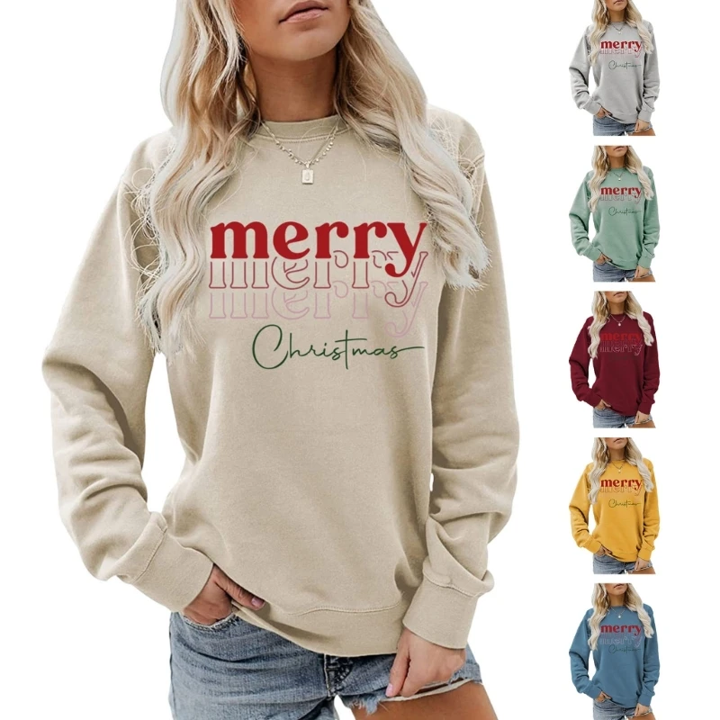 

Y5GC Women Merry Christmas Crewneck Top Long Sleeve Casual Loose Graphic Sweatshirts