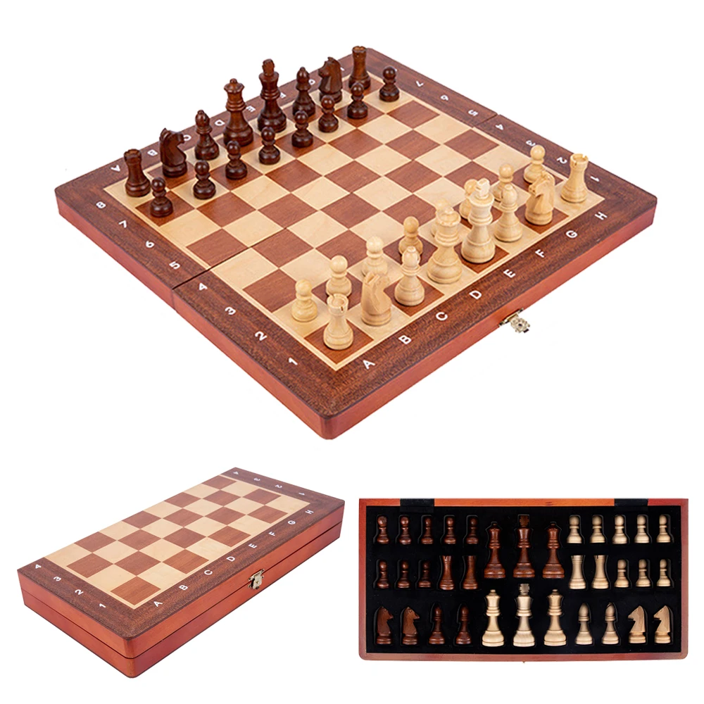 High Quality Chess Set Wooden Folding Chessboard Traditional Handwork Solid Wood Pieces Interior For Storage Travel Board Game