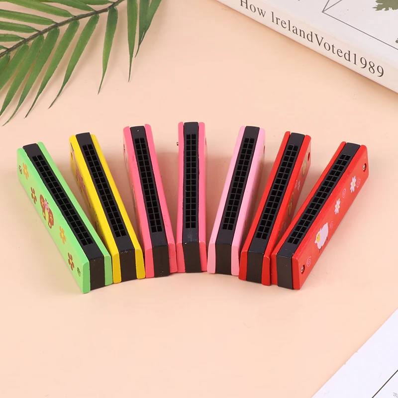 

16 Holes Wooden Double Row Blowable Harmonica Cute Cartoon Pattern Beginner Kids Musical Educational Toys