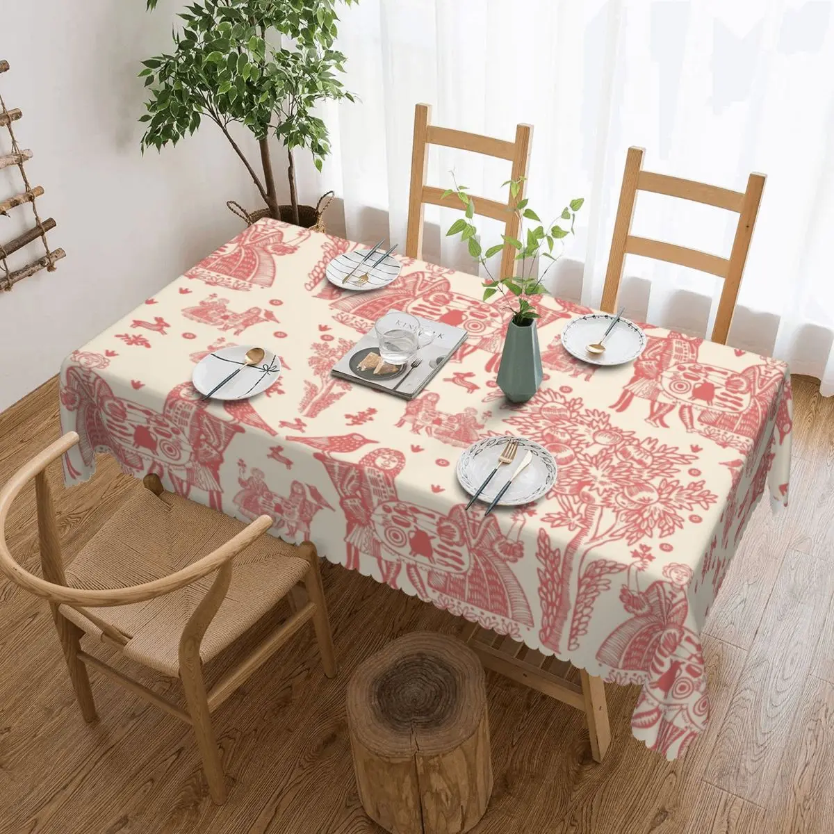 

Rectangular Waterproof Toile De Jouy French Motif Table Cover Flora Table Cloth Tablecloth for Dining