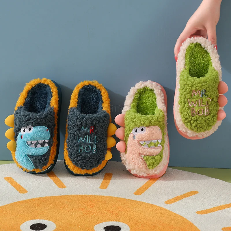 Home Slippers for Women Cute Dinosaur Plush Platform Soft Slippers Female Winter Kids Slippers for Boy Indoor Shoes Non-slip