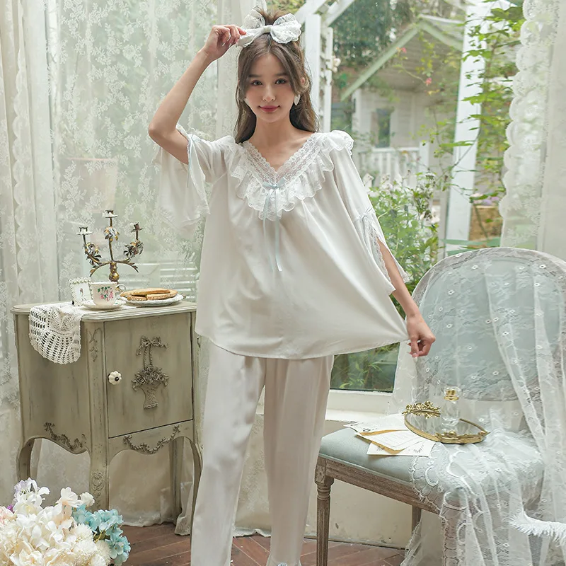 French Pajamas Women's Spring Autumn Palace Style V-neck Sweet Trumpet Sleeve Suit Lace Mesh Princess Home Dress Sleepwear