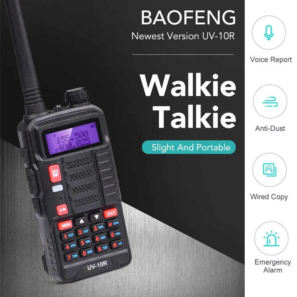 

Портативная рация дальнего действия Baofeng UV-10R 10 км с голосовым сообщением, Двухдиапазонная 136-174 и 400-520 МГц, Пылезащитная Любительская рация
