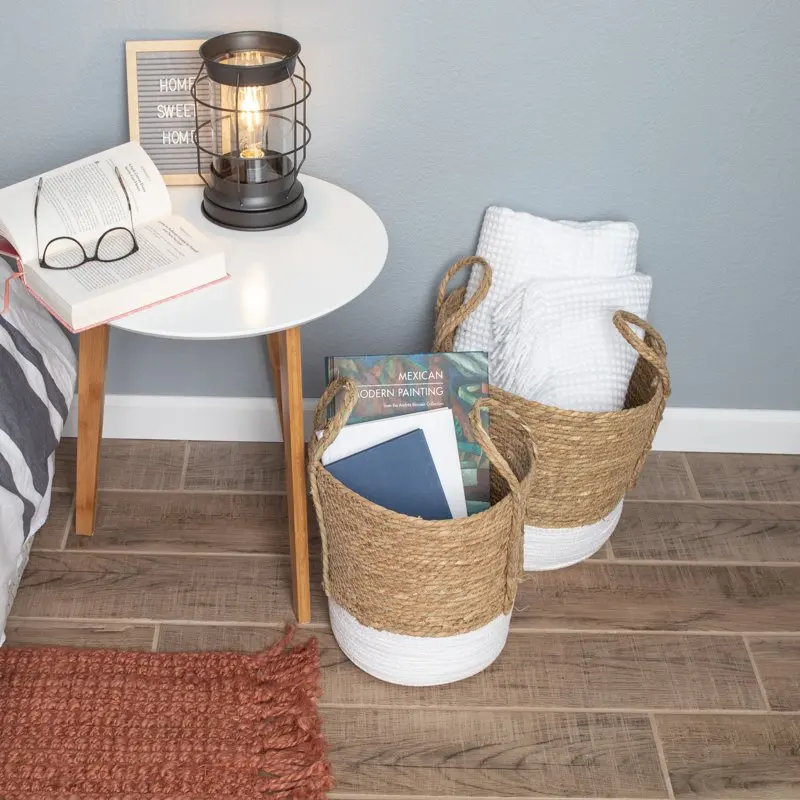 

Round Seagrass Baskets, Natural, White, Set of 2, Large & Medium